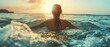 © Mickael - Close-up of a beautiful woman tourist above the sea surface swimming in the open ocean. Young woman looking forward into sea. Generative ai