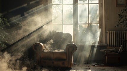 Wall Mural - Smoke inside the house. Burning room. Interior and furniture in flames.. Fire and soot