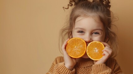 A delightful and cheerful girl, radiating charm and positivity, holds two orange slices