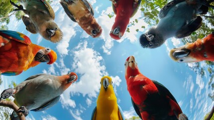 Wall Mural - Bottom view of birds standing in a circle against the sky. An unusual look at animals. Animal looking at camera