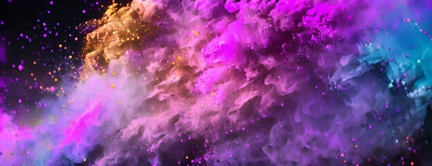 Wall Mural - Explosion of bright colorful paint on black background, burst of multicolored powder, abstract pattern of colored dust splash 4K Video