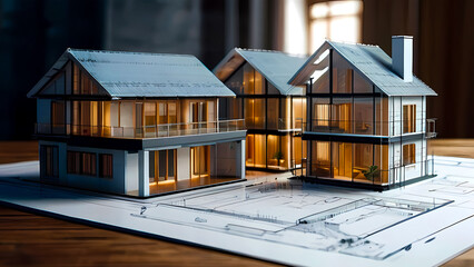 The close up conceptual image of a tiny architectural house 3d model isolated on a blueprint or layout plan design with keys