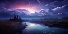 Stars Twinkle In Lavender Sky Over Snowy Mountains Enchanting The Landscape. Concept Winter Wonderland, Lavender Skies, Snow-Capped Mountains, Enchanting Landscape