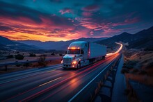 A Semi Truck Rolls Down The Asphalt Highway At Sunset, With The Sky Painted In Beautiful Hues Of Orange And Pink