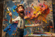 3D render of a cartoon caricature of an ecstatic painter, with a palette and brush, in front of a whimsical canvas.
