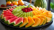 A refreshing fruit platter featuring slices of ripe cantaloupe, honeydew, and watermelon, beautifully arranged to showcase their juicy goodness in every bite.
