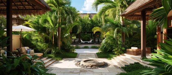 Canvas Print - Tropical outdoor patio setting with cozy fire pit amidst lush palm trees