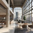 Clean spacious cowering office interior with panoramic windows and city view