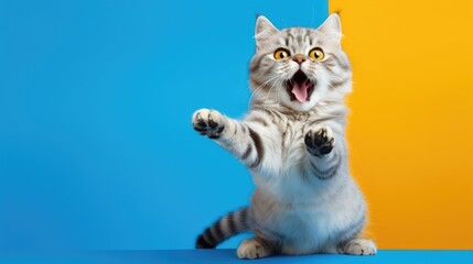 Wall Mural - A close-up of a cat's head with a surprised muzzle and wide-open eyes on a blue background. Funny cat.