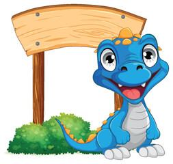 Poster - Happy cartoon dinosaur beside a wooden sign.