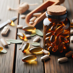 closeup supplements vitamins bottle on wooden background