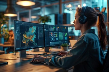 Side view of a female digital artist is working at a computer in the office. Profession concept.
