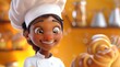 Personnage cartoon d'une femme noire chef boulanger souriante, dans sa boulangerie.