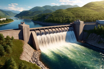 Modern Itaipu Binacional hydroelectric power station in Foz do Iguazu Brazil, border Paraguay. Panoramic view of giant dam on Parana river, South America. Hydro electrification concept. Copy ad space