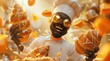 Personnage cartoon d'un boulanger noir souriant, dans sa boulangerie.