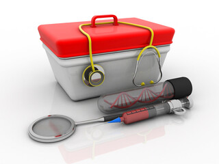 Sticker - 3d render of dna structure with Syringe and stethoscope and first aid box
