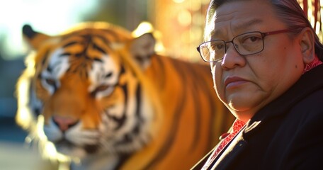 Poster - A man with glasses and a suit standing next to a tiger. Generative AI.