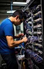 Wall Mural - A man in a blue shirt is working on a server. Generative AI.