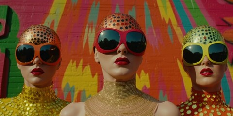 Sticker - Three women wearing colorful sunglasses and wearing colorful outfits. Generative AI.