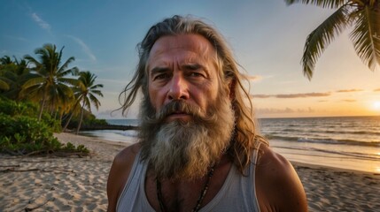 Wall Mural - A man with long hair and beard standing on the beach. Generative AI.