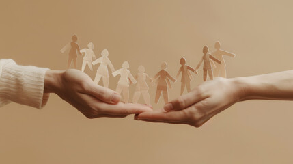 pair of human hands gently holding a chain of paper cut-out figures, symbolizing unity, support, and human connection.