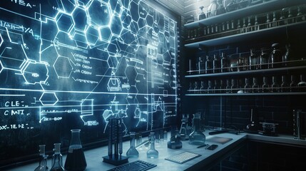 Wall Mural - The wall displays chemical compositions in the style of mathematical structures, showing skillful precision, study place, and luminous quality.