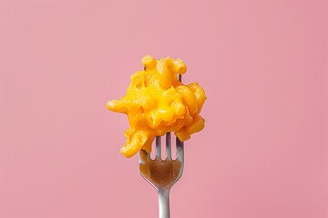 Wall Mural - mac and cheese close up on a fork on a pastel pink background