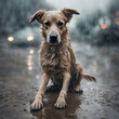 Street dog middle in the rain
