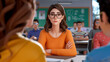 Realistic AI-rendered depiction of a student model participating in a classroom discussion, expressing ideas and opinions, with classmates actively listening and engaging in dialogue