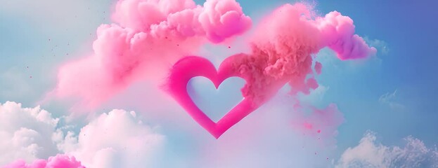 Wall Mural - Colorful Powder Heart Shape Love Blowing Up. Holi Powder Blast on Sky, Multicolor Powder Smoke Explosion 4K Video