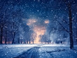 Schneefall in einer Winterlandschaft bei Nacht, Generative AI