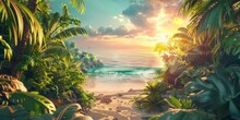 Frame With Tropical Plants On A Beach Scene In The Style Of Retro Poster Landscape Background Created With Generative AI Technology