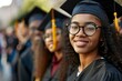 Estudiante negra de color graduada sonriendo con toga y birrete