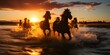 Silhouette of majestic horses galloping freely along the shoreline at sunset. Concept Horse Silhouettes, Galloping Freely, Shoreline Sunset, Majestic Scene