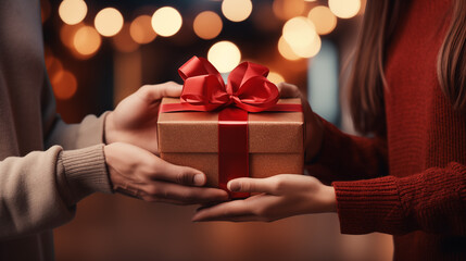 Giving gifts during the celebrating happy birthday. Woman hands holding a gift box.