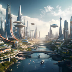 Canvas Print - A futuristic city with floating buildings 