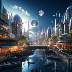 Canvas Print - A futuristic city with floating buildings 