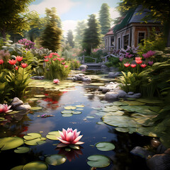 Poster - A tranquil garden with a pond and lily pads 