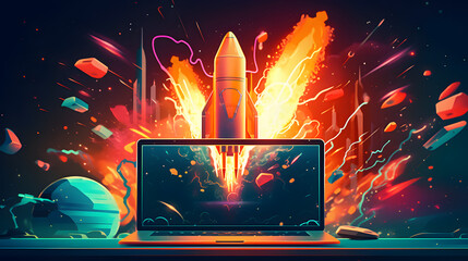  explosion of the new ecommerce program with an open laptop and rocket ship flying over it – photo