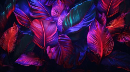 Wall Mural - Large tropical leaves in neon colors. Creative fluorescent picture of exotic leaves.The concept of nature.