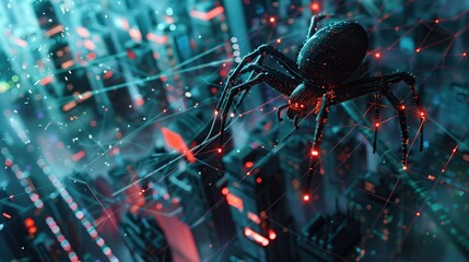 A digital 3D rendering of a spider-like robot navigating through a complex network of connections and data streams. Futuristic Spider Robot in a Digital World.