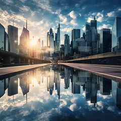 Canvas Print - Urban skyline reflected in glass skyscrapers.