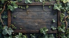 Wooden Frame With Green Leaves On Dark Wooden Background. Top View, Copy Space