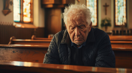Wall Mural - Elderly man mourns with heavy heart in church sanctuary 