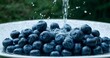 A plate of blueberries receives a lively splash of water, each droplet enhancing the fruit's appeal and suggesting purity and cleanliness.