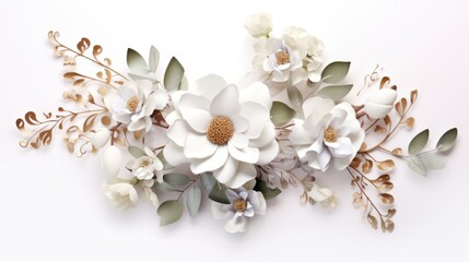 Wall Mural - Paper craft flowers and foliage arrangement on a white background.