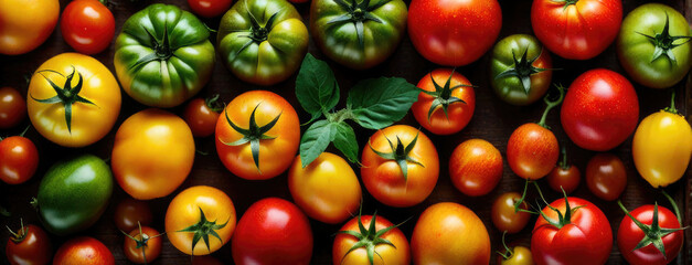 Wall Mural - Overhead view of fresh red tomatoes on table.