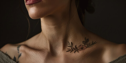 Delicate Floral Tattoo on Woman's Shoulder. Close-up view of a woman's collarbone featuring a detailed floral tattoo in minimal style, copy space.