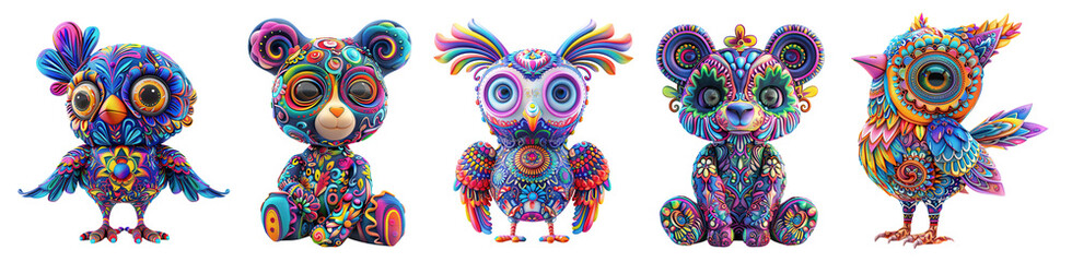 Wall Mural - set of colorful cartoon characters with beautiful patterns, bear, bird isolated cutout on transparen
