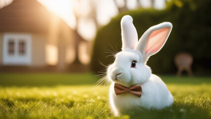 Wall Mural - Healthy Lovely fluffy rabbit at nature. Adorable baby bunny in a bow tie in sun Cinematic Lighting